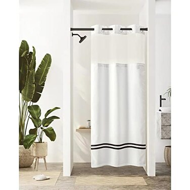 River Dream Stall Shower Curtain with Snap in LinerNo Hooks Needed Shower Curtain for BathroomHotel GradeMachine Washable36 W74 HWhitewith Black Stripe and Magnets