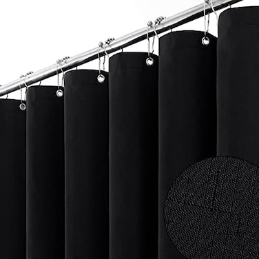 BTTN Black Fabric Shower Curtain Linen Textured Heavy Duty Cloth Shower Curtain Set with 12 Plastic Hooks Rust Resistant Machine Washable Simple Hotel Spa Luxury Bath Curtains for Bathroom 72x72