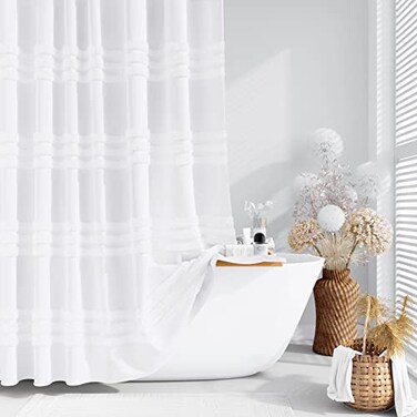 Dynamene Extra Long Shower Curtains 72 x 84 Inches Long Textured Tufted Chenille Striped Fabric Bathroom Shower Curtain Tall Modern Shabby Chic Waterproof Cloth Shower Curtain Set with Hooks White