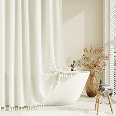 Dynamene Cream Boho Fabric Shower Curtain Tufted Chevron Striped Tassel Textured Shower Curtain for Bathroom Farmhouse Elegant Waterproof Minimalist Cloth Shower Curtain Set 12 Hook 72x72