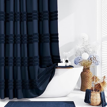 Dynamene Navy Blue Fabric Shower Curtain Tufted Chenille Striped Textured Cloth Shower Curtains for Bathroom Boho Farmhouse Shabby Chic Waterproof Shower Curtain Set with Hook Wrinkle Free 72x72