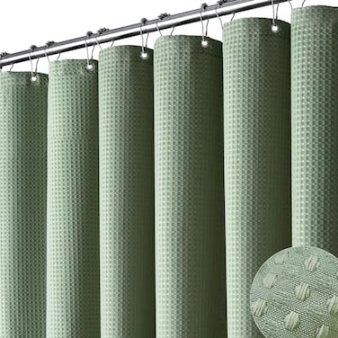 Dynamene Extra Wide Shower Curtain 84 Inch Wide Waffle Weave Weighted Thick Cloth Bathroom Shower Curtain Neutral Heavy Duty Hotel Bath Curtain Set with 14 Plastic Hooks 84x72 Sage Green