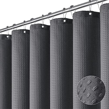 Dynamene Extra Long Shower Curtain 84 Inch Long Charcoal Grey Waffle Weave Heavy Duty Fabric Bathroom Shower Curtain Neutral Weighted Hotel Thick Bath Curtain Set with 12 Plastic Hooks72x84