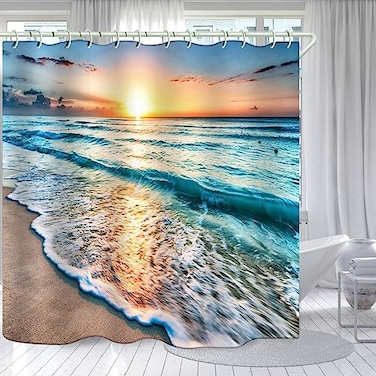 LYFANS Bathroom Uses Beach Sunset 3D Shower Curtains Luxurious Bathtub Standard Shower Curtain Waterproof and Bright Fabric Shower Curtains 59x72 inches