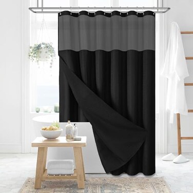 Dynamene Fabric Shower Curtain with Snap in Liner Black Waffle Hotel Shower Curtains for Bathroom Washable Waterproof Cloth Shower Curtain Liner Set with Plastic Hooks Mesh Top Window 72x72