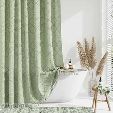 Dynamene sage Green Fabric Shower Curtain Boho Tufted Geometric Striped Tassel Shower Curtain for Bathroom Shabby Chic Modern Farmhouse Waterproof Cloth Shower Curtain Set Wrinkle Free 72x72