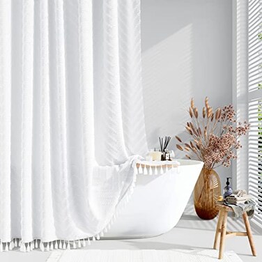 Dynamene Extra Long Shower Curtains 84 Inches Long Boho Tufted Chevron Striped Fabric Shower Curtains for Bathroom Tall Minimalist Chic Waterproof Cloth Shower Curtain Set with Hook White 72x84