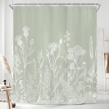 Riyidecor Sage Green Floral Wildflower Shower Curtain for Bathroom Decor 60Wx72H Plant Herbs Botanical Nature Leaf Rustic Farmhouse Art Printed Fabric Polyester Waterproof 12 Pack Plastic Hooks