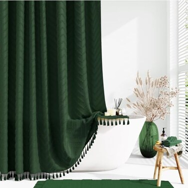 Dynamene Boho Farmhouse Shower Curtain Dark Green Fabric Tufted Chevron Striped Textured Tassel BathroomShower Curtains Water Repellent Minimalist Ruffled Cloth Shower Curtain Set12 Hook 72x72