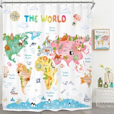 Riyidecor Kids World Map Shower Curtain for Bathroom Decor 60Wx72H Funny Educational Tool Cartoon Cute Animal Geography Continents Ocean Art Printed Fabric Polyester Waterproof 12 Pack Plastic Hooks