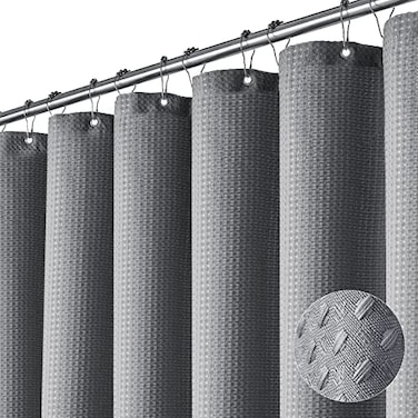 Dynamene Extra Long Shower Curtain84 Inch Long Grey Waffle Weave Heavy Duty Fabric Bathroom Shower Curtain Neutral Weighted Hotel Thick Bath Curtain Set with 12 Plastic Hooks72x84GreyGray