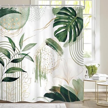 Mitpok Sage Green Boho Shower Curtain Mid Century Modern Abstract Tropical Palm Leaves Minimalist Gold Olive Geometric Plant 72Wx72H Bathroom Decor Bath Curtain Liner Fabric Polyester 12 Pack Hooks