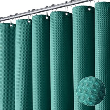 Dynamene Green Fabric Shower Curtain Waffle Weave Textured Heavy Duty Cloth Shower Curtains for Bathroom 256GSM Hotel Luxury Weighted Bath Curtain Set with 12 Plastic Hooks72x72 Seaweed Green