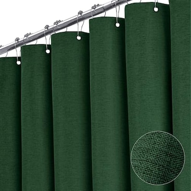 BTTN Fabric Shower Curtain Linen Textured Heavy Duty Polyester Cloth Shower Curtain Set with 12 Plastic Hook Hotel Luxury Waterproof Decorative Shower Curtain for Bathroom 72x72 Emerald Green