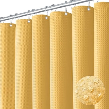 Dynamene Long Fabric Shower Curtain 78 inch Long Waffle Weave Weighted Cloth Shower Curtains for Bathroom Neutral Heavy Duty Hotel Spa Luxury Bath Curtain Set with 12 Hooks 72x78 Gold