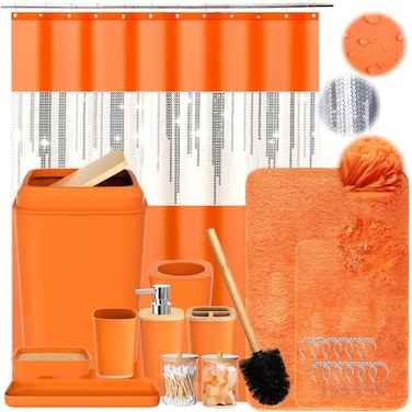 XLHOMO Bathroom SetBathroom Sets with Shower Curtain and Rugs Sequin Shower Curtain Set Orange Bathroom Rugs Sets Bathroom Decor