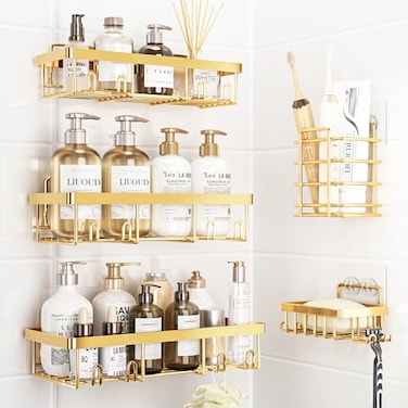 Liuoud 5 Pack Shower Caddy Organizer Rack Shelf for Inside Shower Self Adhesive Wall Storage Basket Rustproof Stainless Steel Shampoo Holder Bathroom Accessory Decor Set Gold