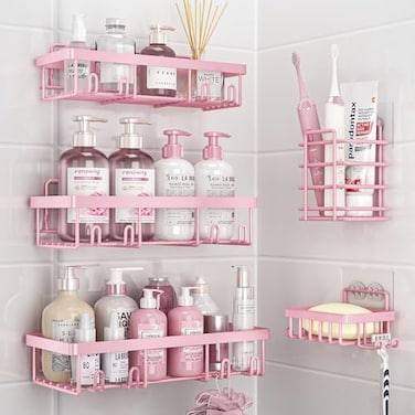 Liuoud 5 Pack Shower Caddy Organizer Rack Shelf for Inside Shower Adhesive Bathroom Wall Storage Basket Rustproof Stainless Steel Shampoo Holder Girly Bathroom Accessory Decor Set Pink