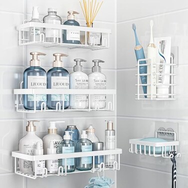 Liuoud 5 Pack Shower Caddy Organizer Rack Shelf for Inside Shower Self Adhesive Wall Storage Basket Rustproof Stainless Steel Shampoo Holder Bathroom Accessory Decor Set White