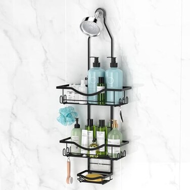 REINHARDT Shower Caddy Hanging Adjustable Shower Caddy Rustproof Shower Organizer Extended Length Shower Caddies Over Shower Head with Hooks Soap Holder Large Capacity AntiSwing Bathroom Storage Black