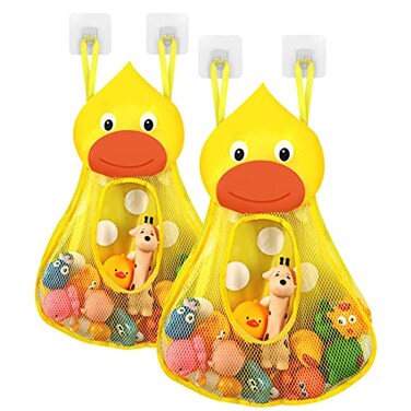 Linkidea Bath Toy Organizer Bathtub Toy Organizer Holder Bath Toy Net Storage Holder with Adhesive Sticker Hooks 2pcs Duck