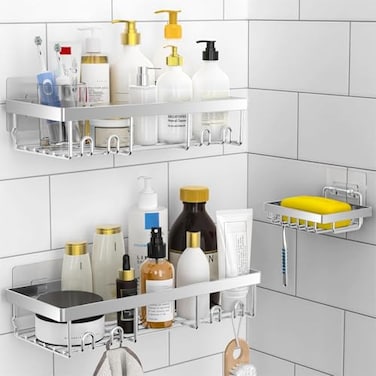 Moforoco 3Pack Shower Caddy Basket Shelf with Soap Holder No Drilling Traceless Adhesive Shower Wall Shelves Rustproof Silver Bathroom Shower Storage Organizer