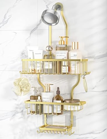 YASONIC NeverRust Aluminum Hanging Shower Caddy OvertheShowerhead Organizer with 10 Hooks for Razor and Sponge Includes Soap Basket Gold