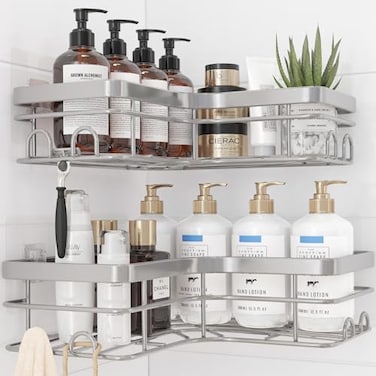 Sakugi Corner Shower Caddy 2 Pack Adhesive Shower Organizers Rustproof Stainless Steel Shower Shelves with 8 Hooks No Drilling Bathroom Organizers and Storage Racks SpaceSaving Silver XLarge