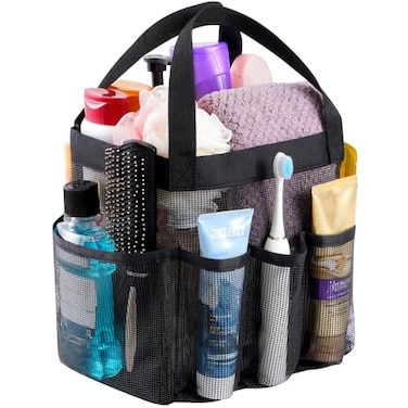 Lifewit Mesh Shower Caddy Portable for College Dorm Room Essentials with 7 Pockets Freestanding Hanging Organizer Basket Quick Dry Tote Bag for Camping Bathroom Beach Travel 1 Pack Black