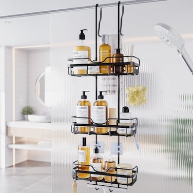 Skyapex Shower Caddy Over the Door Organizer Bath Rack Hanging Over Glass with Hooks Storage Shelf Inside Bathroom for Shampoo Matte Black