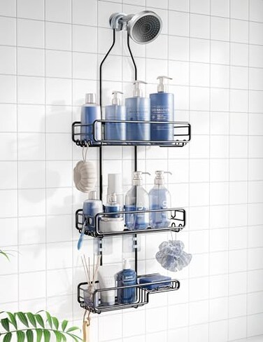 Skyapex Shower Caddy Hanging Bathroom Organizer Over Head Adjustable Rack for Tall Showerhead Extra Large Storage Shelf for Big Shampoo Bottles with Soap Holder