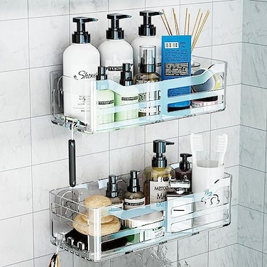 JiePai Acrylic Shower Caddy Clear Wall Mounted Bathroom Organizer with Hooks NoDrill Adhesive Shower Shelf for Shampoo Soap Toiletries Waterproof Rustproof 2 Pack