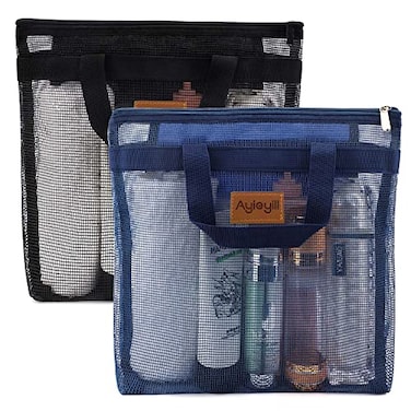 Hommtina 2 Pcs Shower Mesh Caddy Bag Quick Dry Hanging Toiletry and Bath Organizer for Travel and Swimming with Zipper Dark BlueBlack