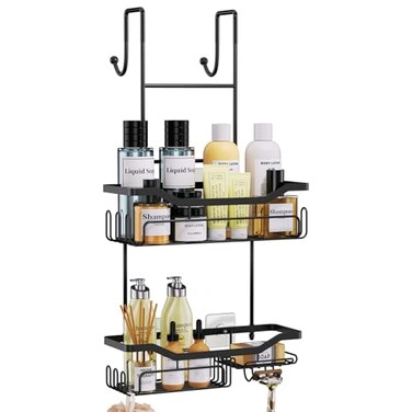 HapiRm Hanging Shower Caddy Over the Door with Soap Holder No Drilling Adhesive Shower Organizer with 11 Hooks Rustproof Waterproof 304 Stainless Steel Bathroom Shelves Black