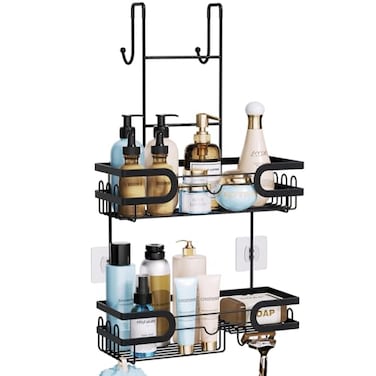 HapiRm Hanging Shower Caddy Over the Door with 14 Hooks and Soap Holder No Drilling Adhesive Shower Storage Rustproof Waterproof Stainless Steel Bathroom Shelves Black