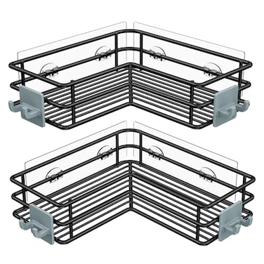 Nieifi Adhesive Corner Shower Caddy Shelf Basket Rack with Hooks Rust Proof Stainless Steel Bathroom Shelf Shampoo Holder No Drilling Black