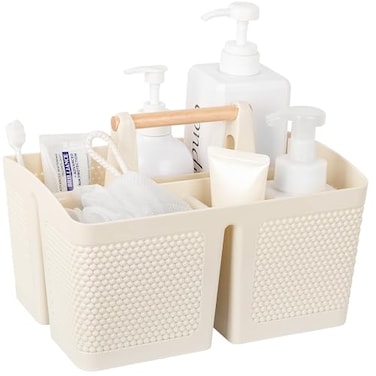 rejomiik Portable Shower Caddy Basket Plastic Cleaning Caddy Organizer Storage Tote with Handle for Bathroom College Dorm Room Essentials Cream