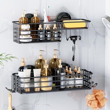 LEVERLOC Shower Caddy Suction Cup 2 Pack suction shower shelf with Hooks Soap holder NODrilling Bathroom Holder Rustproof bathroom organizer Black