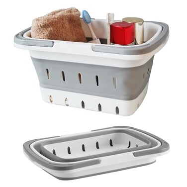 MINDFARGE Portable Folding Plastic Bath Caddy with Handle Perforated Travel Bathroom Organizer for Bedroom Bathroom Shower Dorm Room Camping and RV Use Grey 1 pack