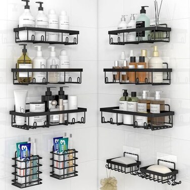 Liuoud 10 Pack Shower Caddy Organizer Rack Shelf for Inside Shower Self Adhesive Wall Storage Basket Rustproof Stainless Steel Shampoo Holder Bathroom Accessory Decor Set Black