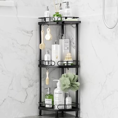 SWTYMIKI Corner Shower Caddy Standing 3 Tier Rustproof Metal Shower Organizer Stand with Soap Holder and 4 Hooks Freestanding Floor Shower Storage Stands for Bathroom Black