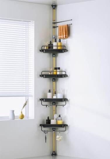 WSBArt Upgrade Sturdy Shower Caddy Tension Pole Black and Gold Corner Shower Caddy 188 Stainless Steel Rustproof 4 Tier Adjustable Shelves for Bathtub Shampoo Accessories Storage Rack 32122inch