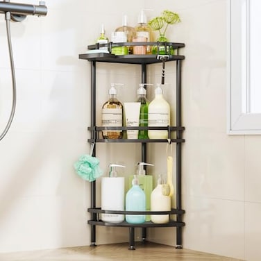 HapiRm Standing Corner Shower Caddy 3 Tier Shower Organizer Corner with Soap Holder and 4 Hooks Rustproof Bathroom Storage Shelves with Adhesives Black