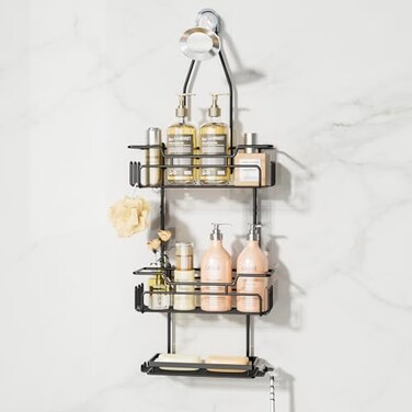 SWTYMIKI Bathroom Shower Caddy Hanging 3 Tier Rustproof Over Shower Head Organizer No Drilling Bathroom Shelf with 16 Hooks Soap Holder AntiSwing Rack for ShampooSpongeTowel Black Medium