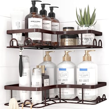 Sakugi Corner Shower Caddy 2 Pack Adhesive Shower Organizers Rustproof Stainless Steel Shower Shelves with 8 Hooks No Drilling Bathroom Organizers and Storage Racks SpaceSaving Brown Medium