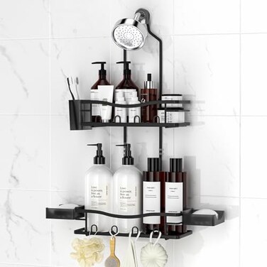 REINHARDT Shower Caddy Hanging Rustproof Shower Caddy AntiSwing Shower Organizer Over Showerhead No Drilling Shower Racks with Soap Holder Multi Hooks Bathroom Storage for Shampoo Sponge Black