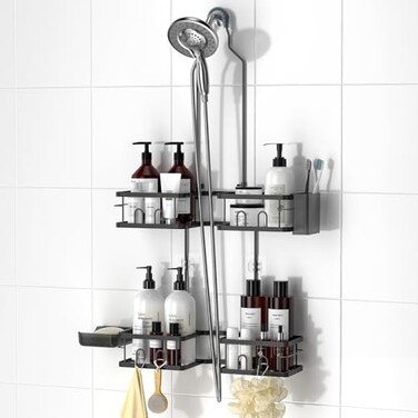 REINHARDT Adjustable Shower Caddy Hanging Rustproof Shower Caddy for Handheld Showerheads Shower Organizer with Hooks Soap Holder Toothbrush Holder AntiSwing Shower Rack Bathroom Accessories Black