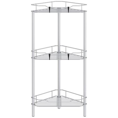 HuggieGems 3 Tier Floor Standing Corner Shower Caddy Organizer Shelf with Hooks Bathroom Shelves Stand Rack Silver
