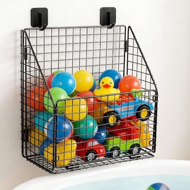 Greentainer Bath Toy Storage Organizer Large Foldable Bathtub Toy Holder with Drainage No Drill Adhesive Wall Mounted Rustproof Metal Wire Basket for Bathroom Tub Shower Toys