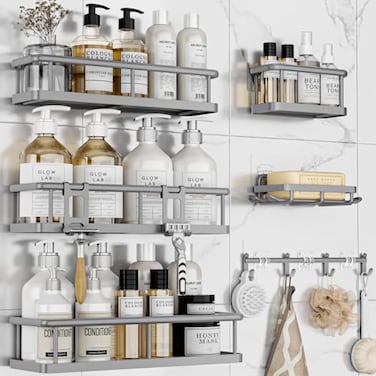 YASONIC Shower Caddy 6 Pack Large Capacity shower Organizer with Soap Holder and 12 Hooks Rustproof Shower Shelves for Inside Shower No DrillingSleek Bathroom Organizers and Storage Grey
